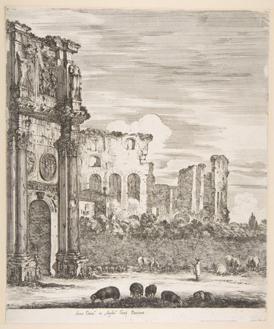Łuk Konstantyna i Koloseum z pasącymi się owcami na pierwszym planie, z sześciu dużych widoków..., 1656. autorstwa Stefano della Bella