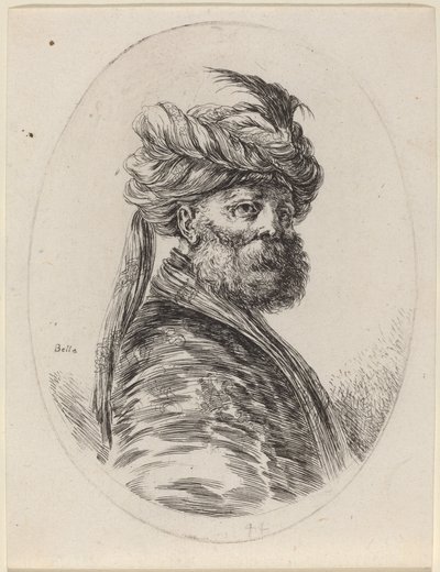 Brodaty Moor w pierzastym turbanie z welonem, zwrócony w prawo autorstwa Stefano della Bella