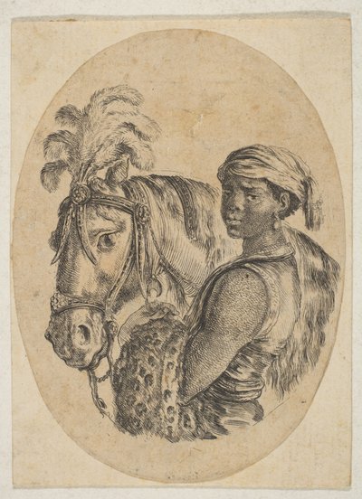 Czarny niewolnik nosi skórę lamparta i trzyma uzdę konia, z kilku głów..., 1649-50. autorstwa Stefano della Bella