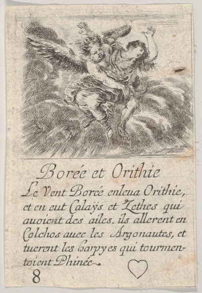Boreas i Orithyia, z Game of Mythology Jeu de la Mythologie, 1644. autorstwa Stefano della Bella