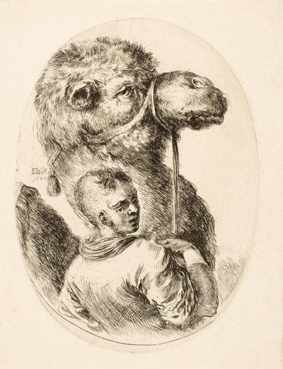 Chłopiec trzymający wielbłąda za uzdę, z „Kilka głów Coiffées à la Persienne”, wyd. vs. 1650 (grawerowanie) autorstwa Stefano della Bella
