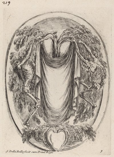 Kartusz w formie zasłony zawieszonej na cyprysie otoczonym przez szkielety, 1647. autorstwa Stefano della Bella