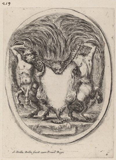 Kartusz w formie obdartego ze skóry tygrysa wspieranego przez centaury, 1647. autorstwa Stefano della Bella