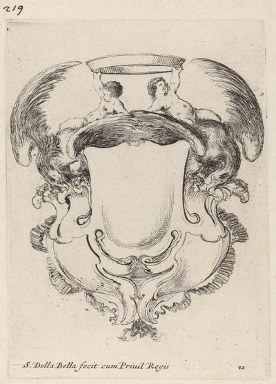 Kartusz z orłami i dwojgiem niemowląt trzymających koronę, 1647. autorstwa Stefano della Bella