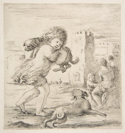 Dziecko niosące szczeniaka na ramieniu, ca. 1662. autorstwa Stefano della Bella