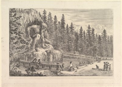 Kolosalna statua Appenino autorstwa Giambologna po lewej, przedstawiona jako gigantyczna kuca..., ca. 1653. autorstwa Stefano della Bella