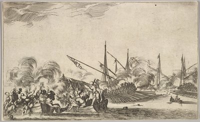 Walka między kilkoma łodziami wiosłowymi i statkami, dwie grupy mężczyzn w łodziach wiosłowych walczące w lewo..., 1639. autorstwa Stefano della Bella