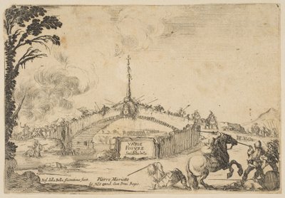 Walka na moście, jeździec i dwóch piechoty walczą na miecze w prawym dolnym rogu..., ca. 1645. autorstwa Stefano della Bella