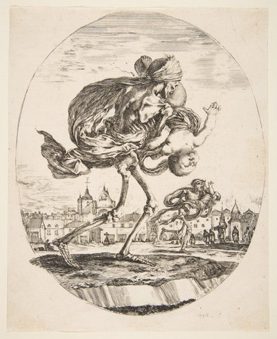 Śmierć niosąca niemowlę, z Pięciu zgonów Les cinq Morts, ca. 1648. autorstwa Stefano della Bella