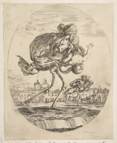 Śmierć niosąca niemowlę, z Pięciu zgonów Les cinq Morts, ca. 1648. autorstwa Stefano della Bella