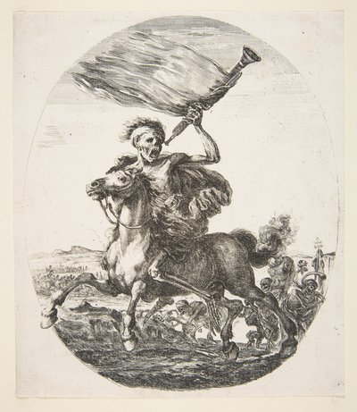 Śmierć na koniu z trąbką, z Pięciu zgonów Les cinq Morts, ca. 1648. autorstwa Stefano della Bella