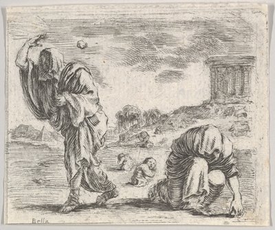 Deucalion i Pyrrha, z Game of Mythology Jeu de la Mythologie, 1644. autorstwa Stefano della Bella