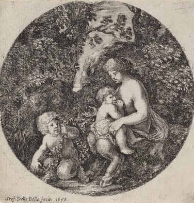 Satyrka karmiąca dziecko w zalesionym krajobrazie, 1656. autorstwa Stefano della Bella