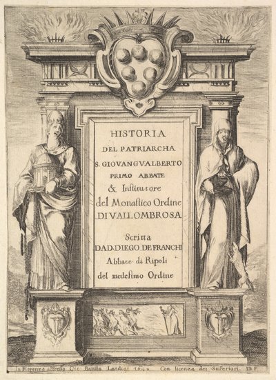 Frontyspis: pomnik ozdobiony herbem Medyceuszy u góry pośrodku, płomienie a..., 1640. autorstwa Stefano della Bella