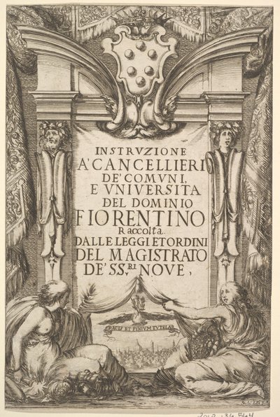 Frontyspis do instrukcji dla kanclerza Instruzione a Cancellieri: Płaszcz Medici ..., 1635. autorstwa Stefano della Bella