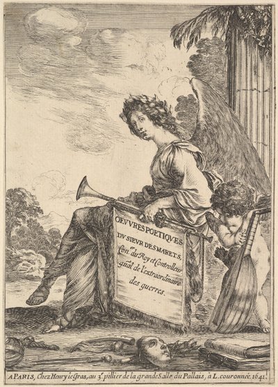 Frontyspis do wierszy Desmarets Oeuvres poétiques de Desmarets: uskrzydlona kobieta rep..., 1641. autorstwa Stefano della Bella