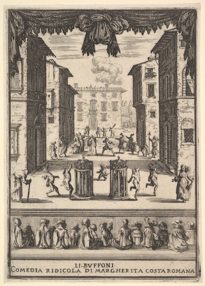Frontyspis do komedii The Buffoons Li Buffoni, scenografia przypominająca pu..., 1639-41. autorstwa Stefano della Bella