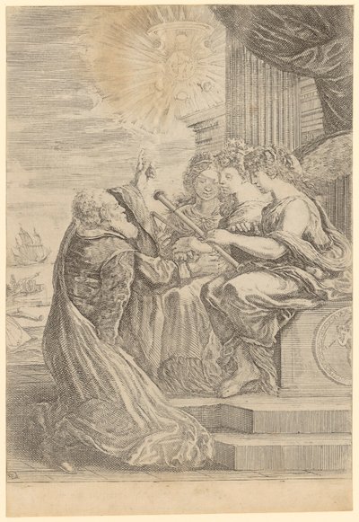 Galileusz przed uosobieniami astronomii, perspektywy i matematyki autorstwa Stefano della Bella