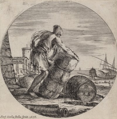 Niewolnik galerowy ciągnący ładunek statku, 1656. autorstwa Stefano della Bella