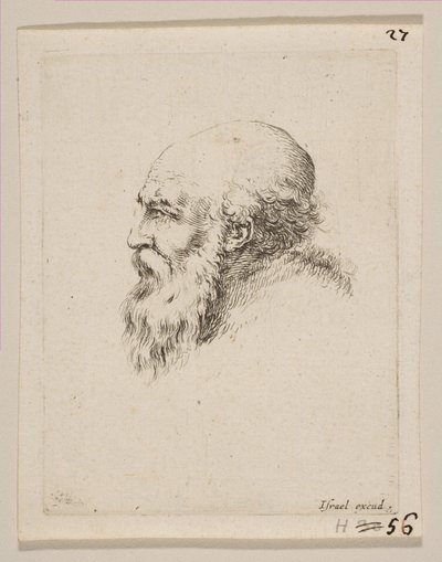 Głowa łysego i brodatego starca z profilu, z różnych głów i postaci Diverses ..., 1650. autorstwa Stefano della Bella