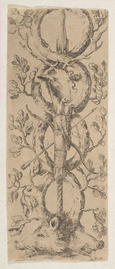 Głowy Jelenia i Dwa Dziki w Rinceaux Konarów Dębowych, ca. 1653. autorstwa Stefano della Bella