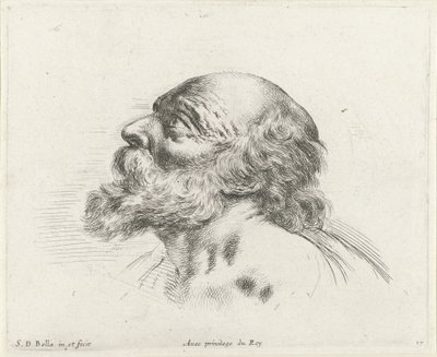 Głowa łysego starca z brodą, z profilu po lewej (prawdopodobnie św. Piotr) Podstawy rysowania (tytuł serii) I principii del disegno (tytuł serii) autorstwa Stefano della Bella