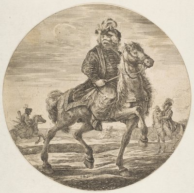 Jeździec węgierski jadący w prawo, w tle inni jeźdźcy, cyrk..., ok. godz. 1651. autorstwa Stefano della Bella