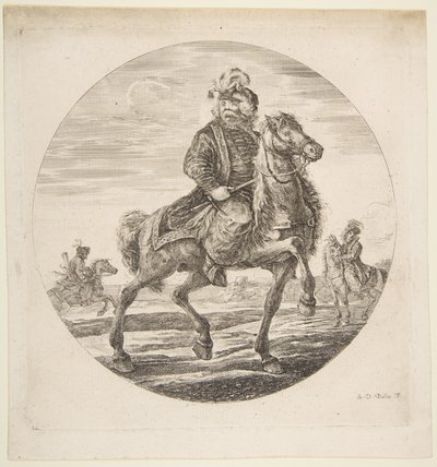 Jeździec węgierski jadący w prawo, w tle inni jeźdźcy, cyrk..., ok. godz. 1651. autorstwa Stefano della Bella