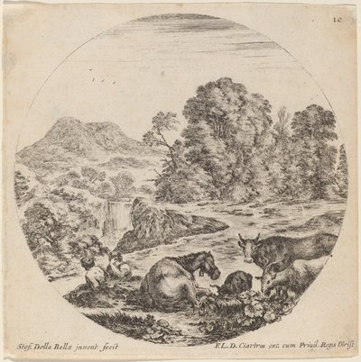 Krajobraz ze zwierzętami i dwoma siedzącymi pasterzami, 1646. autorstwa Stefano della Bella