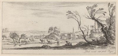 Krajobraz z chłopem przygotowującym się do przekroczenia strumienia, w roku 1647 lub wcześniej. autorstwa Stefano della Bella