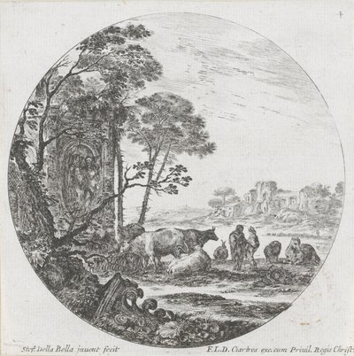 Krajobraz ze stadem i stolicą koryncką Krajobrazy i ruiny w Rzymie (tytuł serii) Paysages et ruines de Rome (tytuł serii) autorstwa Stefano della Bella