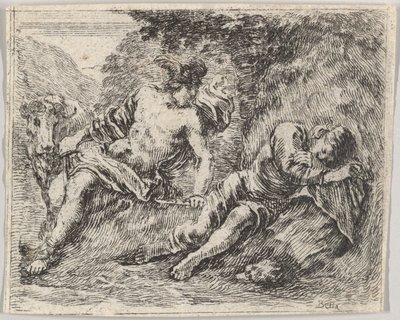Merkury i Argos, z Game of Mythology Jeu de la Mythologie, 1644. autorstwa Stefano della Bella