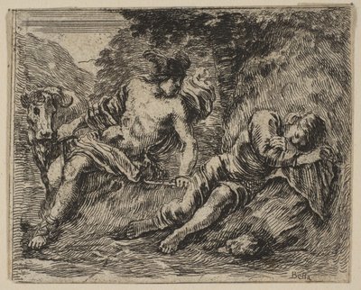 Merkury i Argus, z Game of Mythology Jeu de la Mythologie, 1644. autorstwa Stefano della Bella
