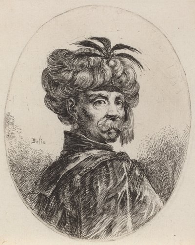 Zacumuj w turbanie ozdobionym pięcioma piórami, 16491650. autorstwa Stefano della Bella