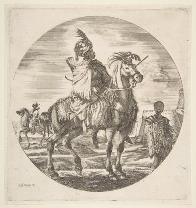 Mauretański jeździec z profilu w prawo, czarny niewolnik trzymający futro po prawej, inny..., ca. 1651. autorstwa Stefano della Bella