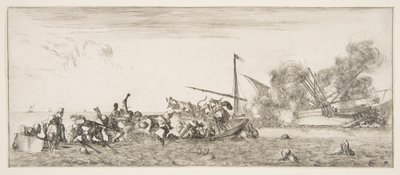 Bitwa morska, łódź wiosłowa wypełniona ludźmi walczącymi z muszkietów po lewej, ludzie toną..., ok. godz. 1641. autorstwa Stefano della Bella