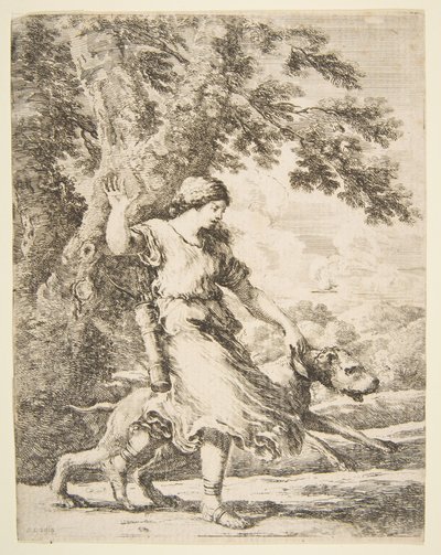 Nimfa trzymająca dużego psa za obrożę, ca. 1654. autorstwa Stefano della Bella