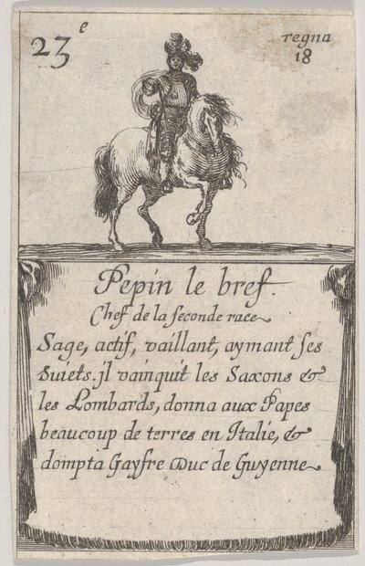 Pepin, krótki wódz drugiej rasy…, z „Gry królów Francji” Jeu des Ro…, 1644. autorstwa Stefano della Bella