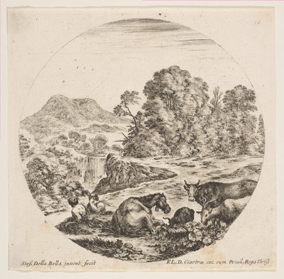 Tablica 10: pośrodku leżący koń, po prawej krowa i dwie kozy, dwie siedzące pasterze..., ca. 1646. autorstwa Stefano della Bella