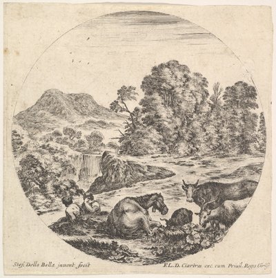 Tabliczka 10: koń leżący pośrodku, krowa i dwie kozy po prawej, dwie siedzą…, ca. 1643-48. autorstwa Stefano della Bella