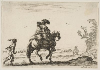 Tablica 10: jeździec i kobieta widziane z tyłu, jadące w prawo z młodym…, 1642. autorstwa Stefano della Bella
