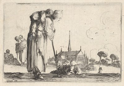 Ilustracja 10: wieśniaczka zwrócona w prawo z dzieckiem na plecach, chłopiec le..., ok. godz. 1642. autorstwa Stefano della Bella