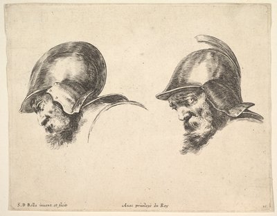 Tablica 10: dwie głowy starych żołnierzy w hełmach, obie zwrócone w lewo i spoglądające w dół..., ca. 1641. autorstwa Stefano della Bella