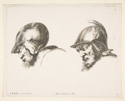 Tablica 10: dwie głowy starych żołnierzy w hełmach, obie zwrócone w lewo i spoglądające w dół..., ca. 1641. autorstwa Stefano della Bella
