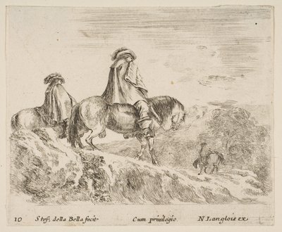 Ilustracja 10: dwóch jeźdźców schodzących z góry po lewej, kolejny jeździec po prawej w ..., ok. godz. 1644-47. autorstwa Stefano della Bella
