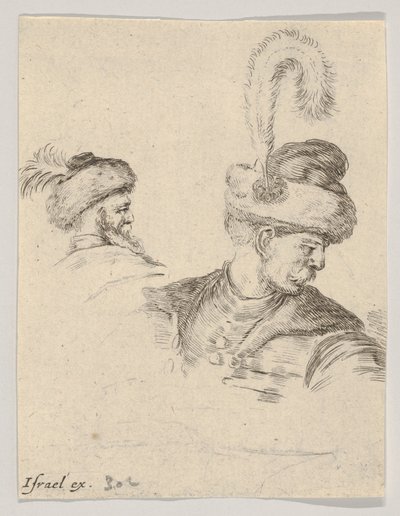Tablica 11: polskie popiersie z profilu, zwrócone w prawo, inna polska głowa widziana z..., ok. godz. 1649. autorstwa Stefano della Bella