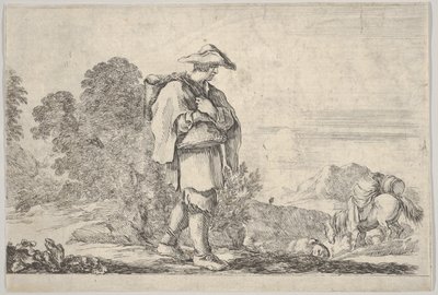 Ilustracja 11: chłop w kapeluszu pośrodku, idący w prawo, zjeżdżający koń..., ok. godz. 1641. autorstwa Stefano della Bella