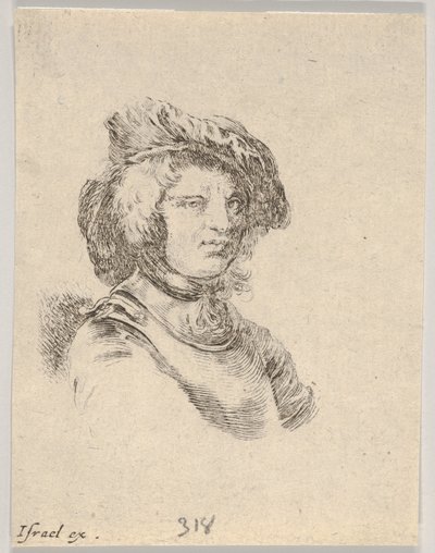 Tablica 11: popiersie mężczyzny w czapce i patrzącego w prawo, z pozycji Różne głowy a..., 1650. autorstwa Stefano della Bella