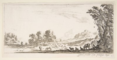 Ilustracja 11: pasterka siedząca po prawej pod drzewem, patrząca na swoje stado po lewej..., ok. godz. 1641. autorstwa Stefano della Bella