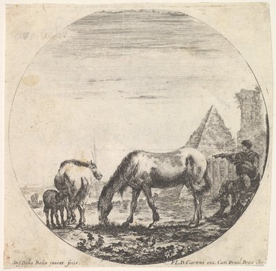 Tablica 11: piramida Kajusza Cestiusza po prawej w tle, pasący się koń..., ok. godz. 1643-48. autorstwa Stefano della Bella
